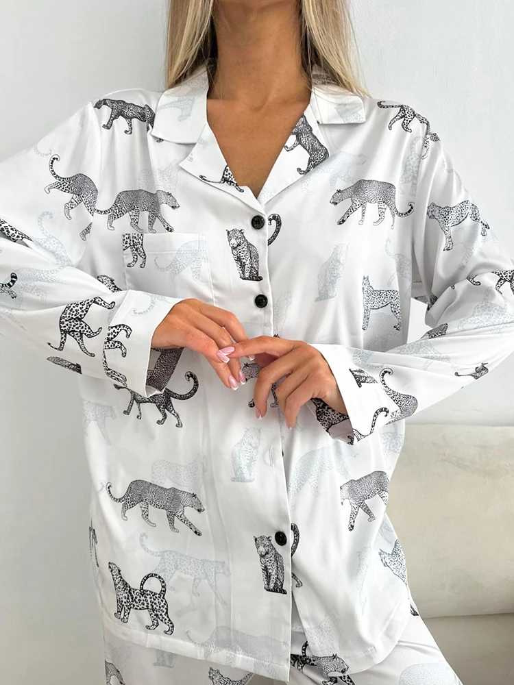 HiLoc Causal Animal Printing Pants Pajamas Sets Women 2 Pieces Long Sleeve Tops With Pants Homewear 2024 Female Night Wear Suits