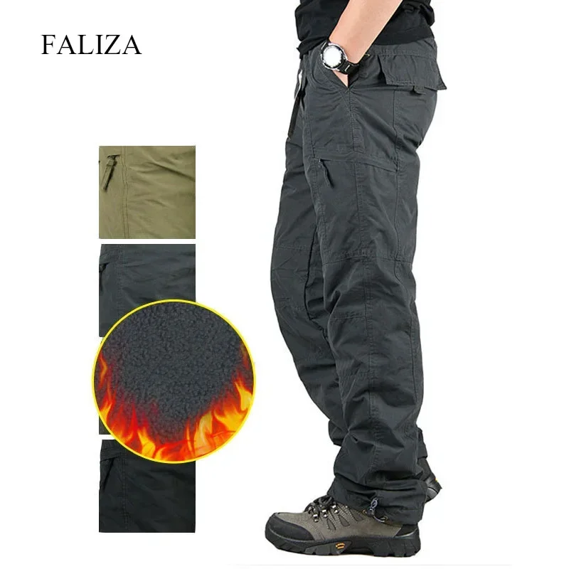 2024 Winter Multi Pockets Mens Cargo Pants Double Layer Thick Fleece Warm Tactical Outwear Cotton Casual Baggy Trousers PAM23