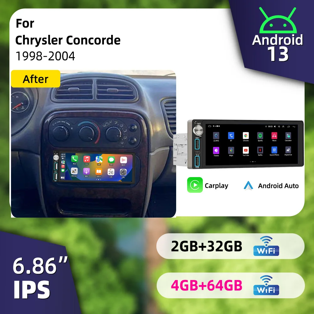 Radio Multimedia Inalámbrica para Automóvil con Carplay Android para Chrysler Concorde 1998-2004, Estéreo para Auto con Pantalla de 6.86 Pulgadas, Unidad Principal 1 Din, Autoradio con GPS