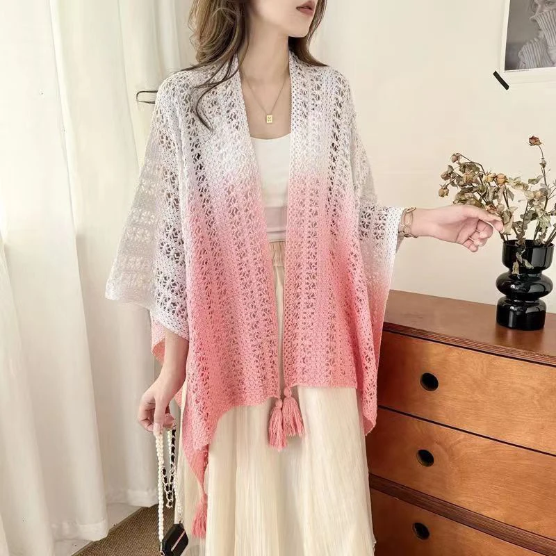 Women Chinese Ethnic Charm Qipao Shawl Hanfu Outer Decor Poncho Holiday Travel Tie-dye Gradually Changing Color Cloak Cape