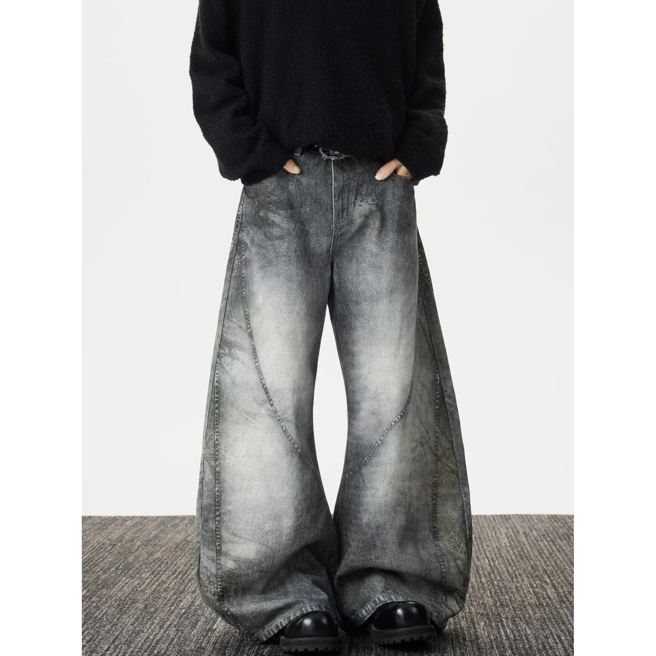 

Ретро-джинсы в американском стиле с эффектом потертости, унисекс, удлиненные, свободного кроя, дымчато-серые, широкие штанины, повседневные, из денима