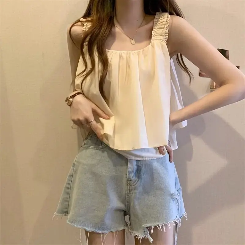 Square Collar Simplicity Pleated Sleeveless Shirts Tops New Solid Youth Sweet All-match Korean Blouse Summer Women Clothing