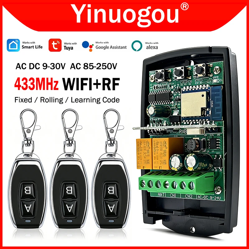 

AC DC 9-30V AC 85-250V Tuya 433MHz Universal Garage Door Remote Control Receiver 433.92MHz 2CH Wifi Smart Switch Module Relay
