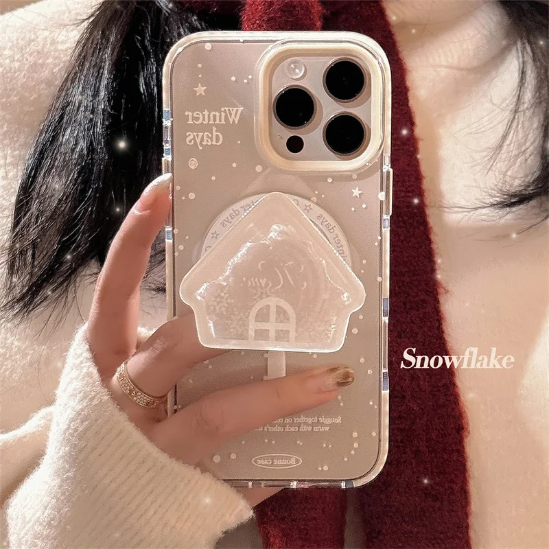 Winter Cute Starry Snow In The Sky Magsafe Wireless Charge Case For iPhone 13 12 16 15 14Pro Max Snowhouse Shake Magnetic Holder