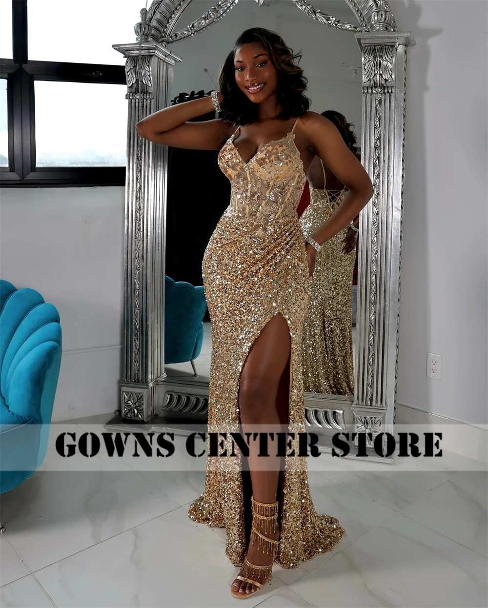 New Arrival High Split Champagne Spaghetti Prom Dresses 2024 For Blackgirls Mesh Cocktail Gowns Sparkly robe de bal Customized