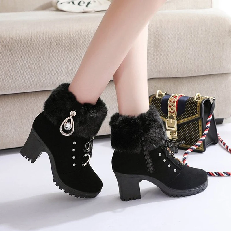 High Heel Winter Shoes Women Winter Boots Fashion Women\'s High Heel Boots Plush Warm Fur Shoes Ladies Brand Ankle Boots crystal