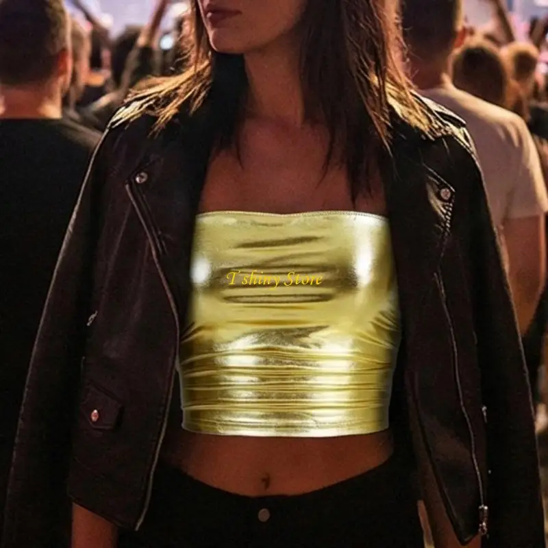 N58F Metallic Crop Tube Top Sparkles Strapless Bandeau Bra for Dancing,Raves,Festivals