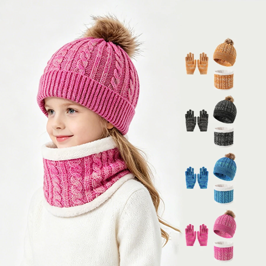 3Pcs Kids Pom Pom Knitted Hat Scarf Gloves Set Fleece Lined Winter Warm Children Beanie Neck Warmer Full Finger Gloves