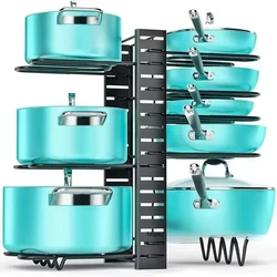 8 Tiers Pan Pot Organizer Rack 3 DIY Methods Adjustable Cabinet Pantry Pots Lids Storage Rack Kitchen Organization