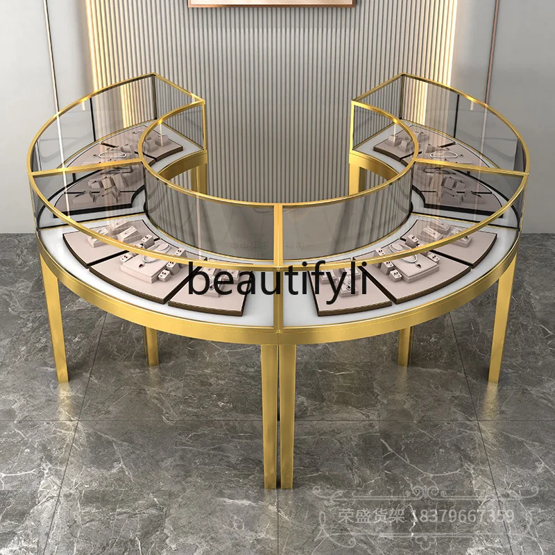 

Curved Jewelry Display Cabinet Gold Jewelry Glass Counter Display Cabinet Stainless Steel Round Display Cabinet