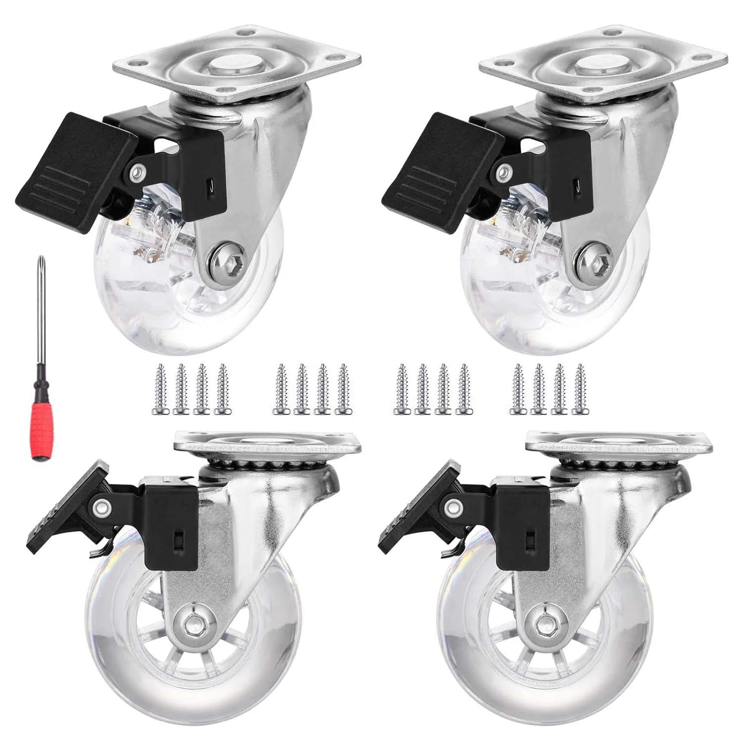 

2/3" Caster Wheels Set of 4, Heavy Duty Casters with Brake, Crystal Clear Swivel Plate Castors, No Noise Locking Casters