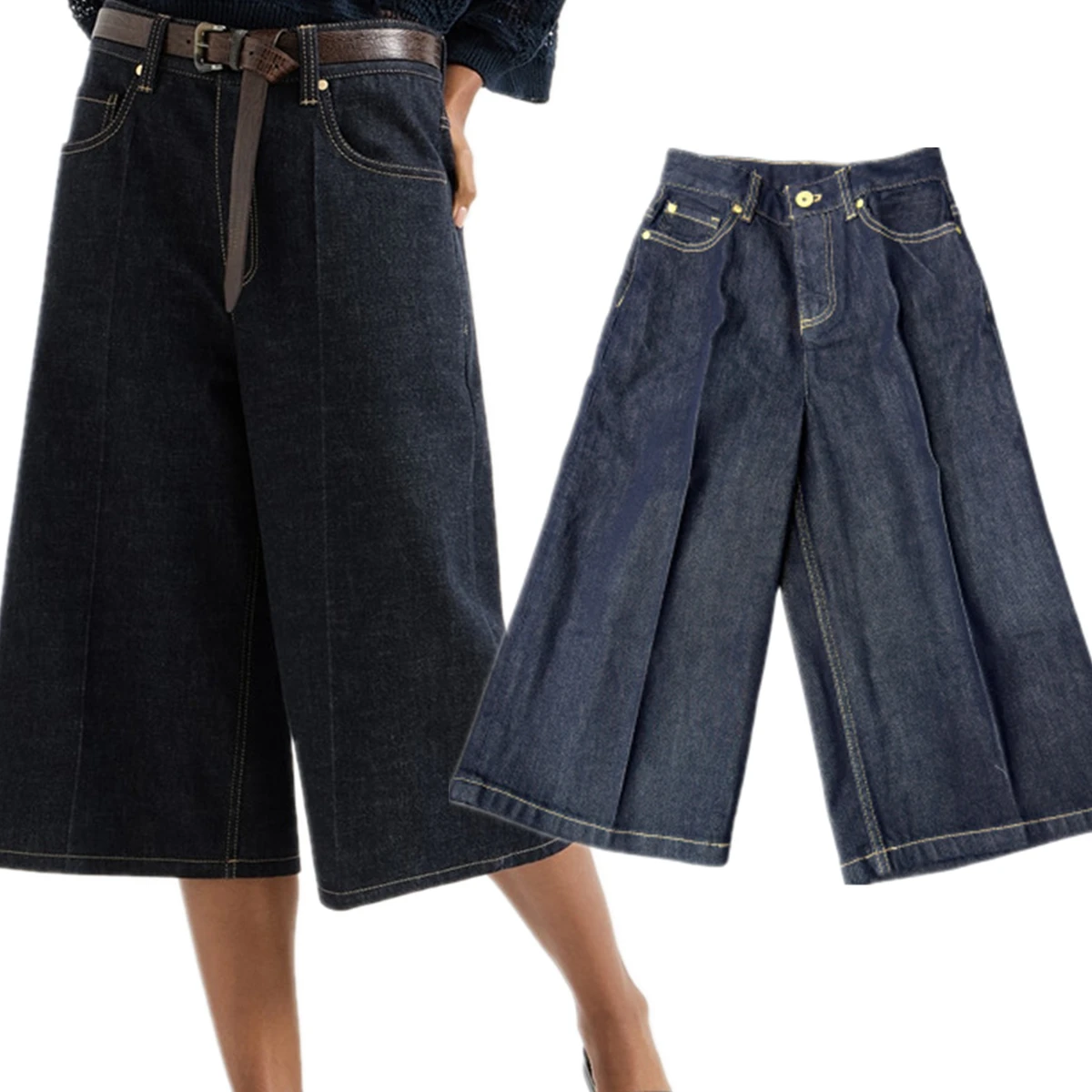 

Maxdutti Minimalist French High Waisted Wide Leg Pants In Navy Blue Loose Wide Leg Cropped Pants Mid Length Denim Shorts Bermuda