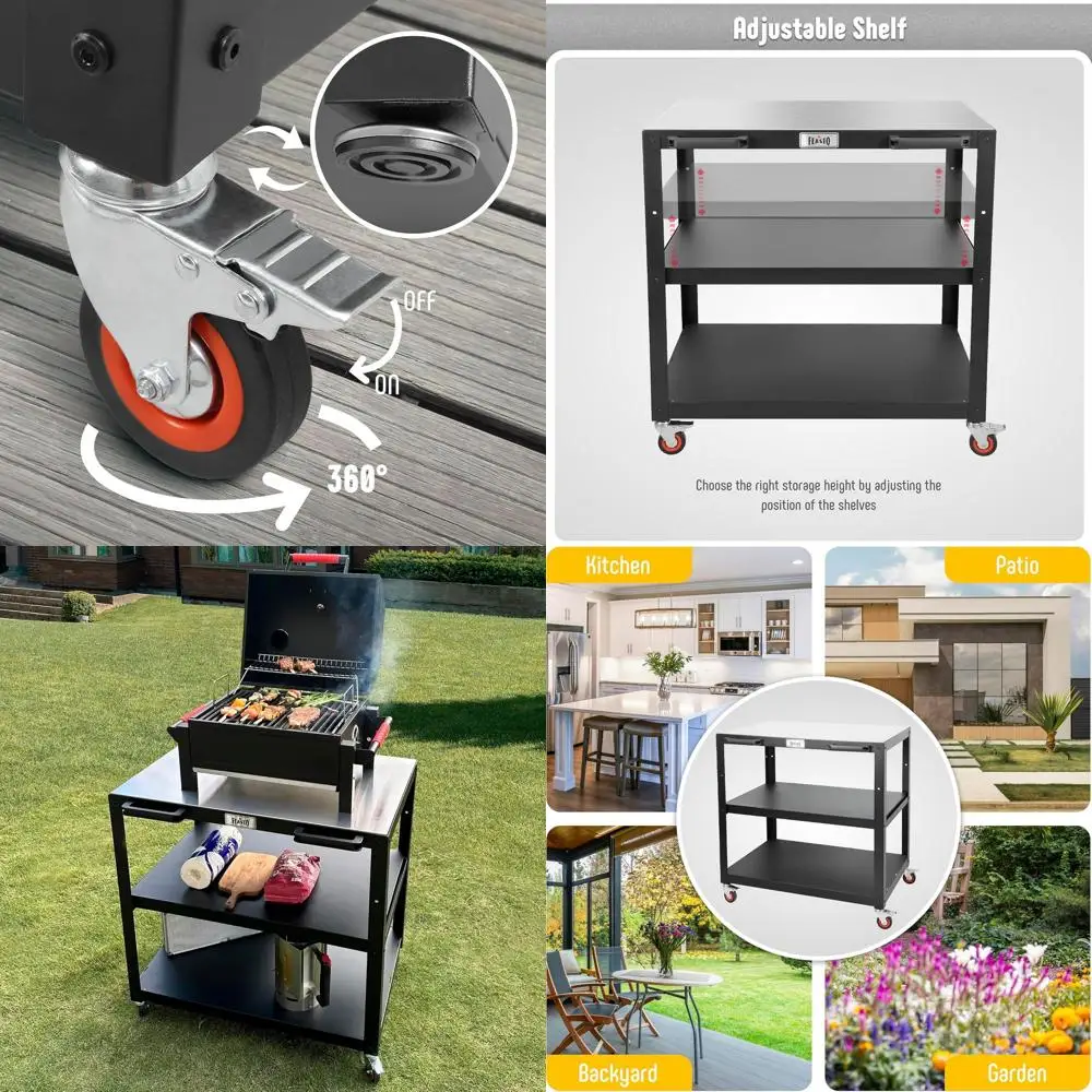 طاولة فرن بيتزا من الفولاذ المقاوم للصدأ للاستخدام الخارجي مع عجلات و3 أرفف للشوي والإعداد #1