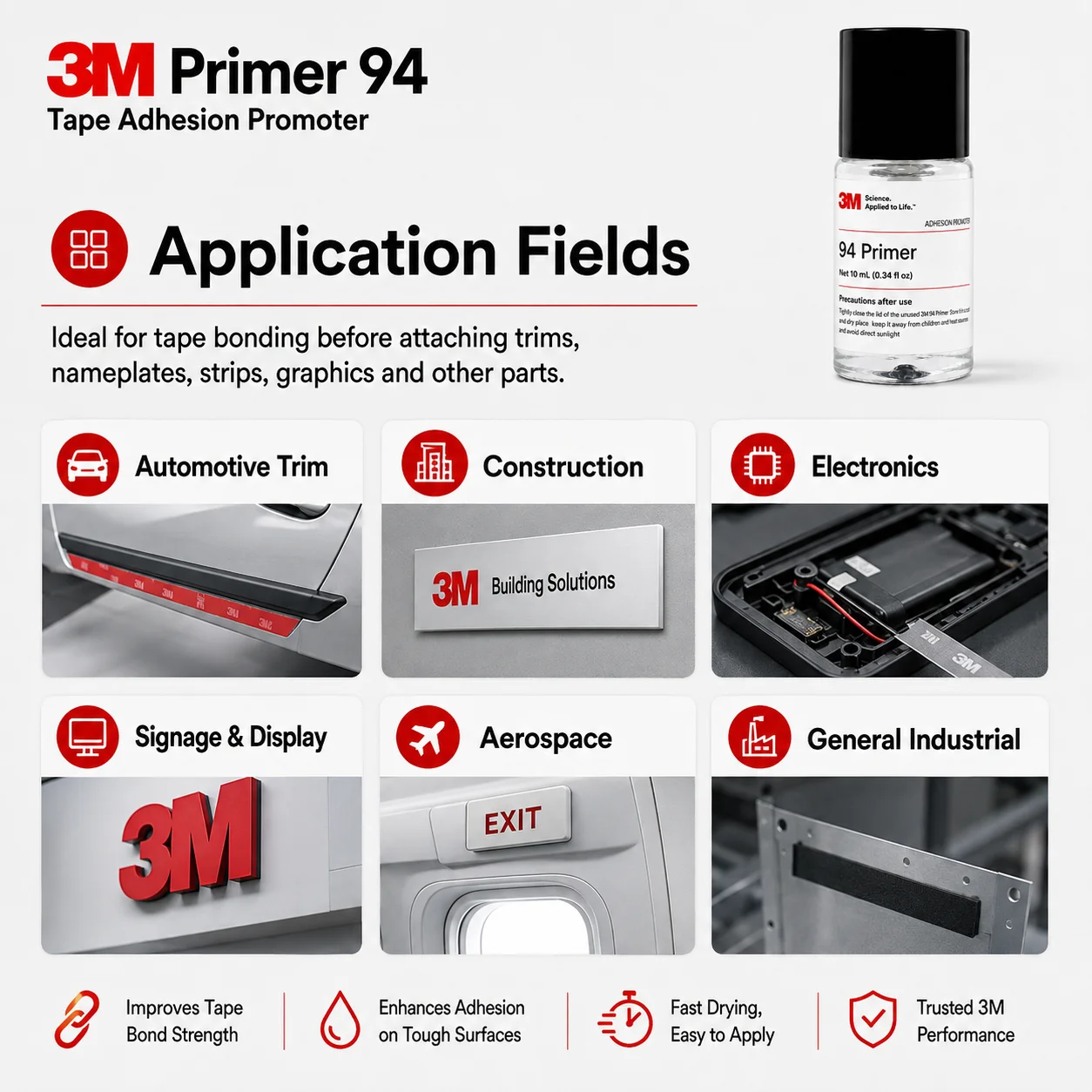 Original 3M Primer 94 Adhesion Promoter 10ml Repack High Adhesion Surface Treatment for Car Wrap Tape Plastic Metal