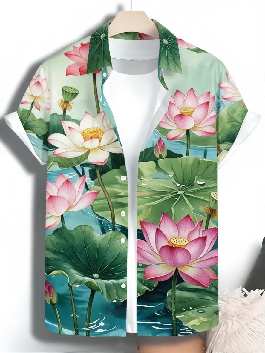 Lotus pattern men's short sleeved shirt, digital printing, casual and comfortable, fashionable and trendy, street outdoor