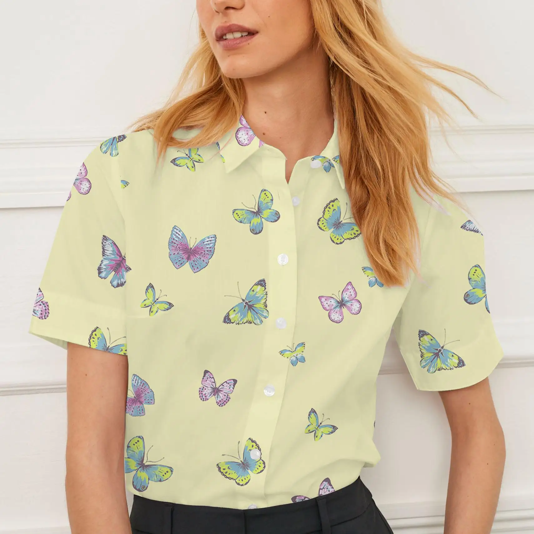 Новая летняя женская повседневная рубашка с короткими рукавами и лацканами с принтом бабочки, женская индивидуальная мода
