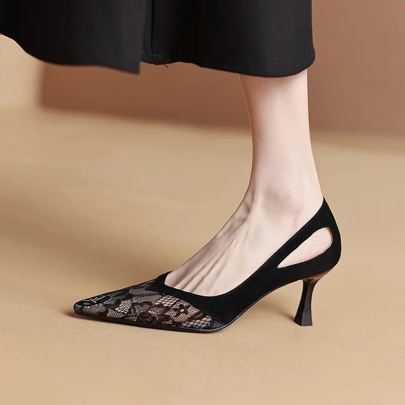 Comemore 2024 New Spring Summer Lace Hollow Mesh Pointed High Heels Female Sexy Shallow Mouth Ladies Dress Shoes Heeled Pumps