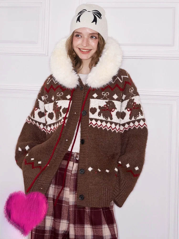 

Утепленный пушистый свитер с воротником Fair Isle, женский зимний новогодний халат, повседневный свободный вязаный свитер с длинными рукавами