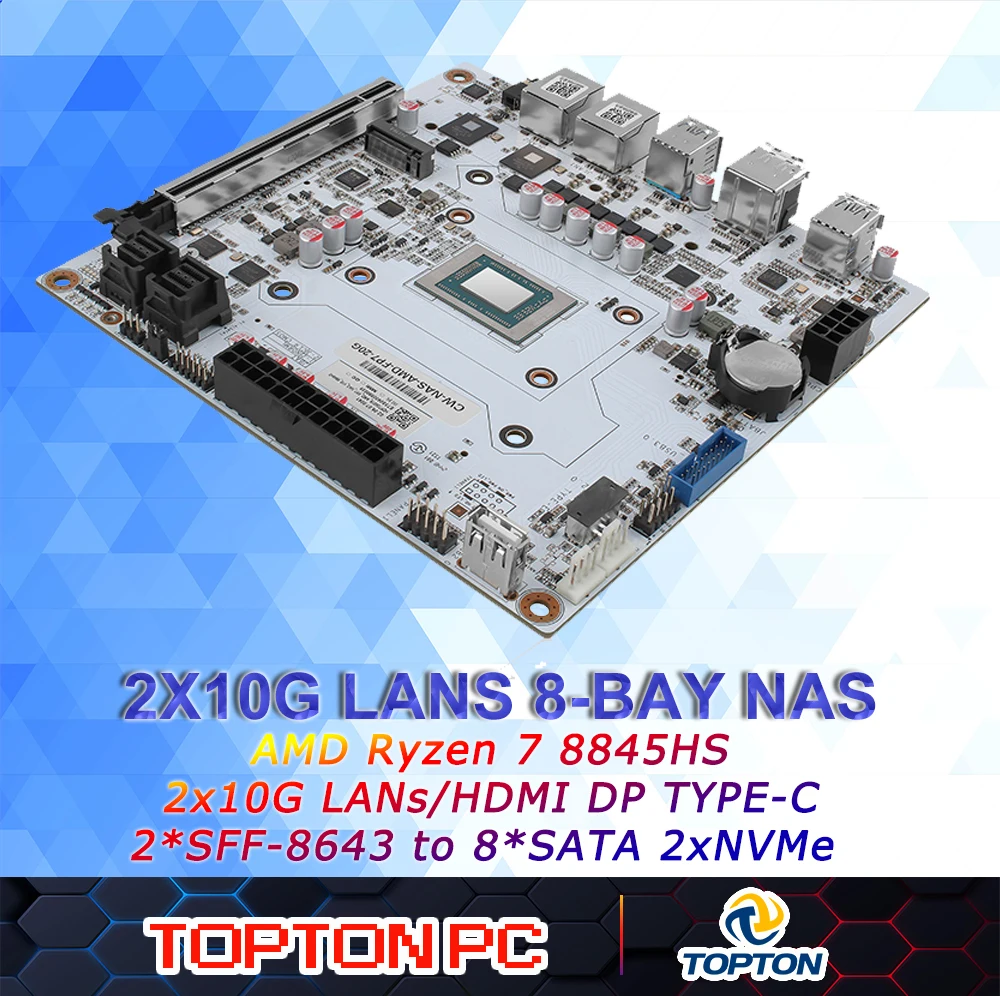 Scheda madre NAS a 8 alloggiamenti LAN 2x10G AMD Ryzen 7 8845HS USB4 2 * SFF-8643 a 8 * SATA 2xNVMe PCIEX16 2xDDR5 Mini ITX Firewall Scheda madre