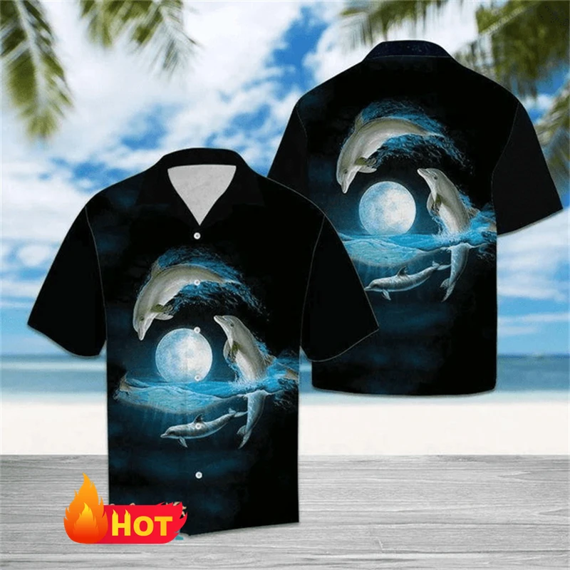 

3D Printed Cute Dolphin Shirts For Men Women Clothes Summer Hawaiian Beach Shirt Button Lapel Short Sleeve Loose Unisex Blouse