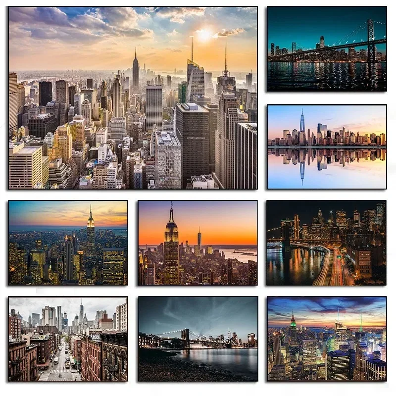 New York City Night Skyline Landscape Neon Building Poster Canvas Painting Wall Art Pictures for Living Room Home Decor