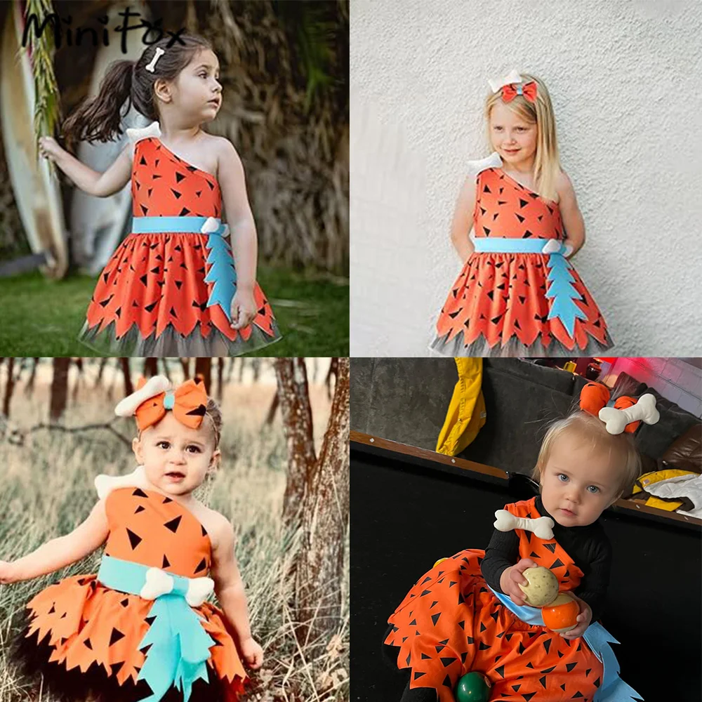 MiniFox Halloween Caveman Dress For Girls Clothes Off Shoulder Baby Dresses Historical Stone Age Party Girl Halloween Costume