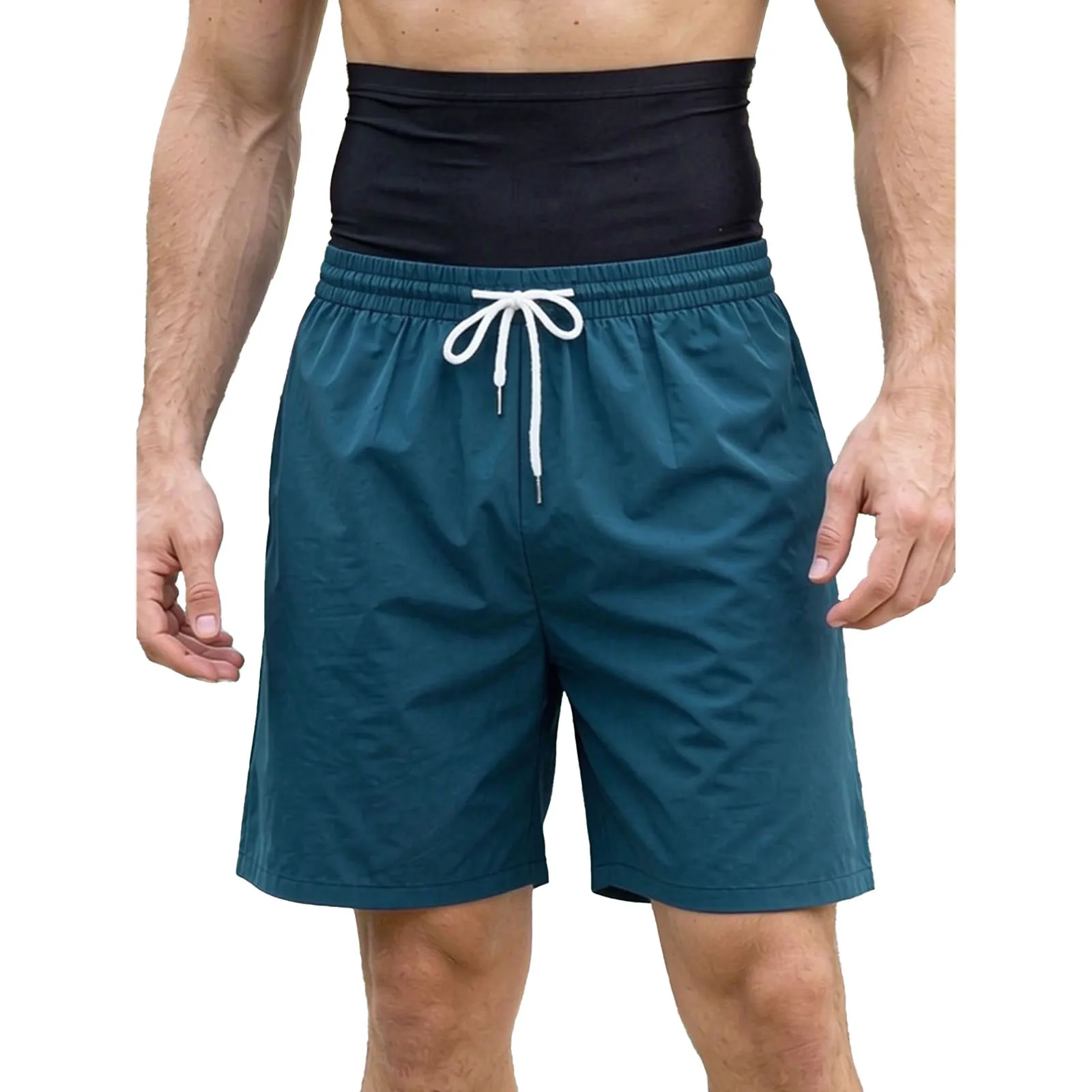 Mens Quick Dry Swim Trunks Drawstring High Waist Tummy Control Shorts Workout Sportswear Beach Surfing Bathing Suit Swimwear
