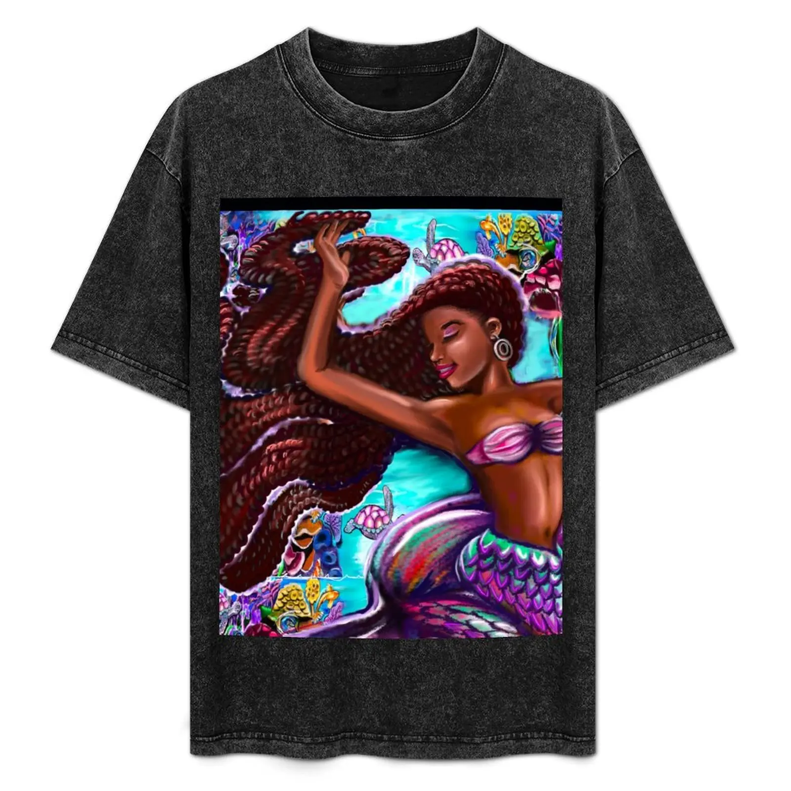 mermaid underwater with flowing red braids on a coral reef, African American Mermaid T-Shirt anime stuff black t-shirts for men