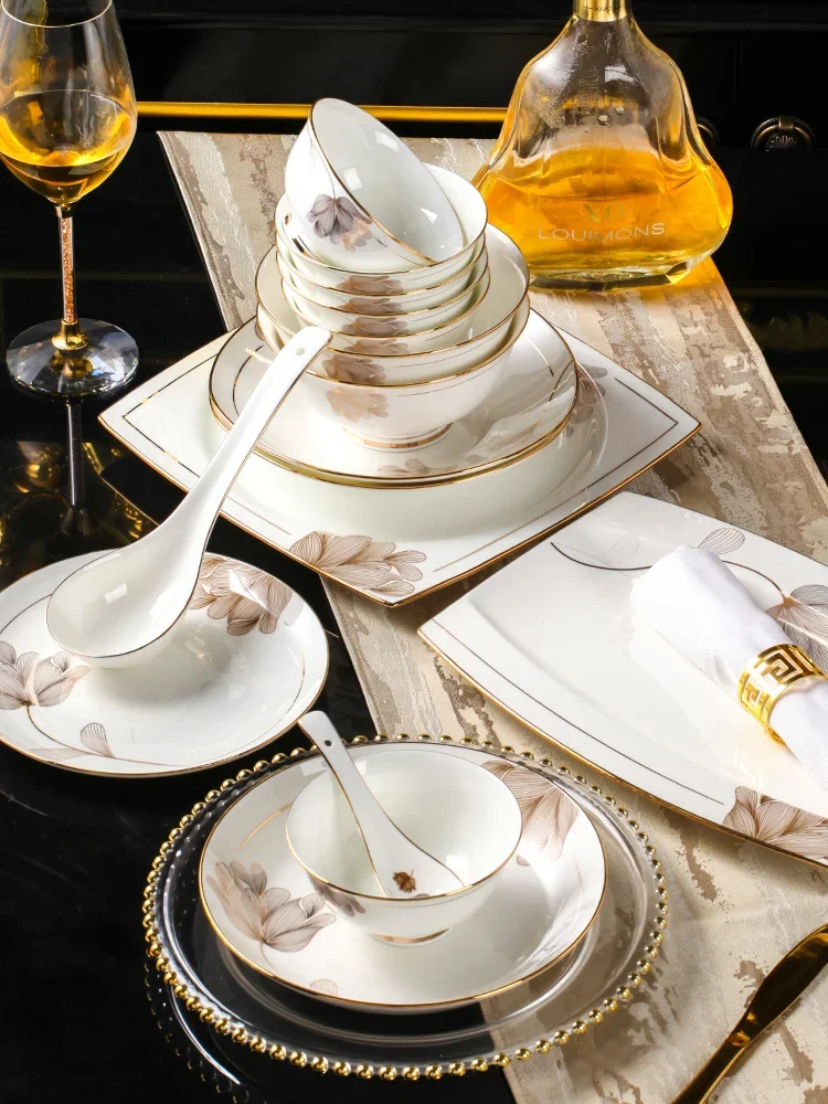 Simplicity and Elegance: Set of Ceramic Plates and Bowls for Everyday Use Ceramic Tableware Set with Gold Trim for Home Dining