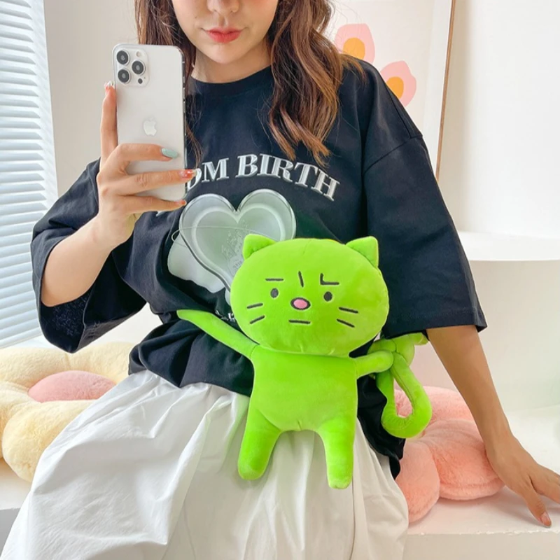 Kawaii Alien Cat Plush Backpack Cute Green Kitty Single-shoulder Bag Sad Cat Cartoon Plushie Bag for Women Fashion Crossbody Bag