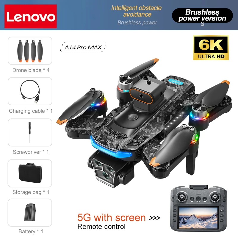 Lenovo A14 Pro Max Drone 8K HD Drievoudige Camera Optische Flow Intelligente Obstakelvermijding Opvouwbaar Scherm RC Borstelloze GPS Drone