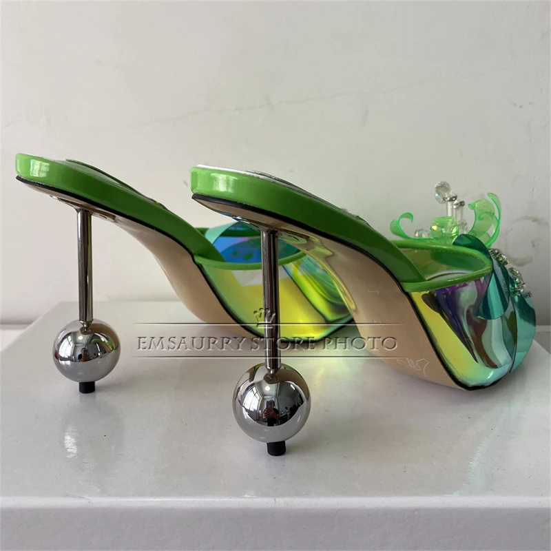 Beads Diamond Laser Sequins Flower Sandals Women Iridescent PVC Slingbacks Spherical Strange Heel Summer Mules