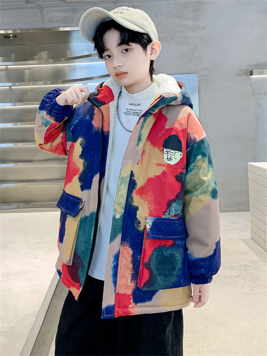 2023 New 4-14 Years Very Keep Warm Winter Boys Jacket Teenager Mid-Length Plus Velvet Thickening Hooded Cotton Coat For Kids