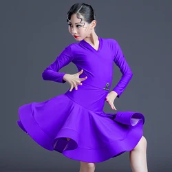 Multi-Colors Latin Dance Competition Dresses For Girls Professional Cha Cha Ballroom Dance Wear Long SLeeves Dress Red DNV16729