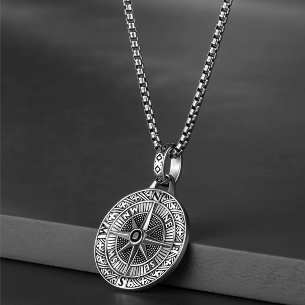 Vintage Compass Pendant Necklace for Men Boys Stainless Steel Rock Hiphop Coin Collar Graduation Gift