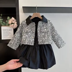 Autumn Winter Kids Baby Girls Elegant Clothing Set 2pcs - Pretty Princess Shiny Thick Outwear Coat Children Knee-length Dresses