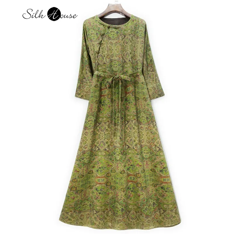 

Rare 60MM 100% Natural Mulberry Silk Gambiered Guangdong Gauze Leather Buckle Chinese Style Round Neck Women's Fashionable Dress