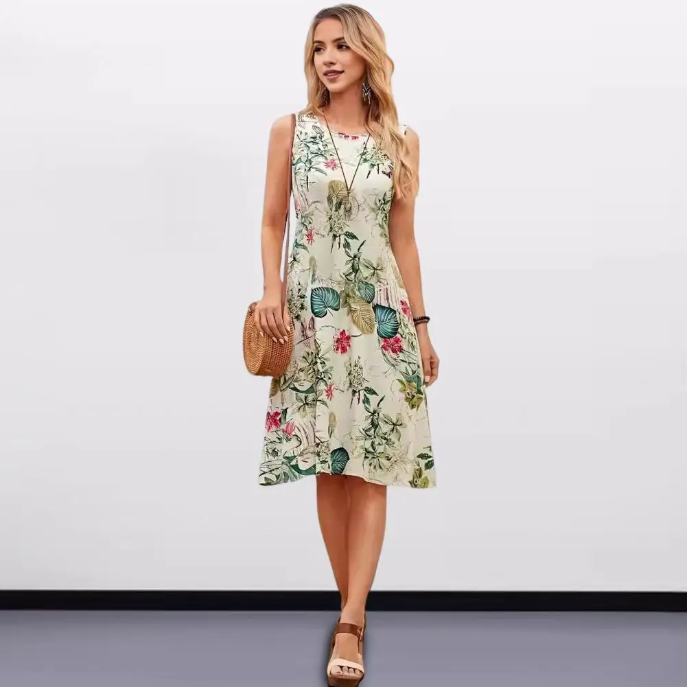 

Loose Fit Dress Floral Print Midi Dress for Wear Vacation O Neck A-line Knee Length Sundress for Women Summer Commuting Dress