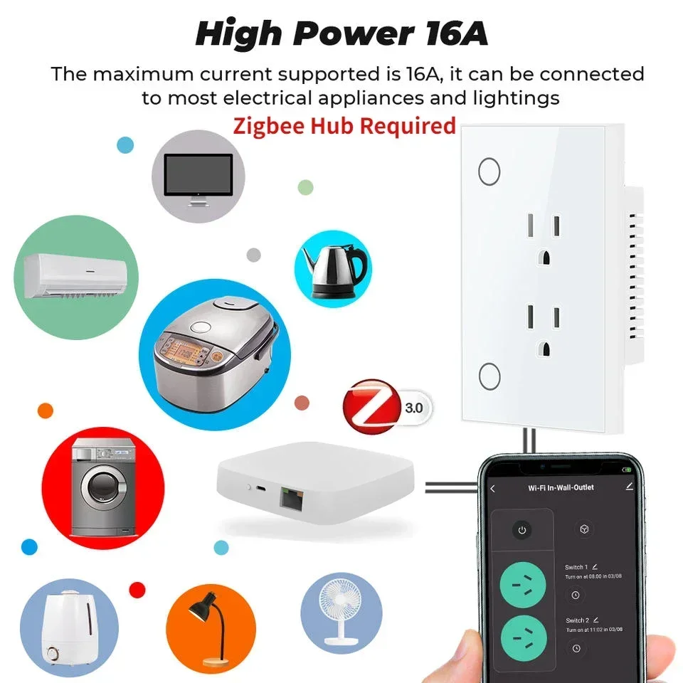 Melery Zigbee Tuya Smart US Spina elettrica 16A Presa a muro Pannello in vetro temperato Presa di temporizzazione App Smart Life Google Home Alexa