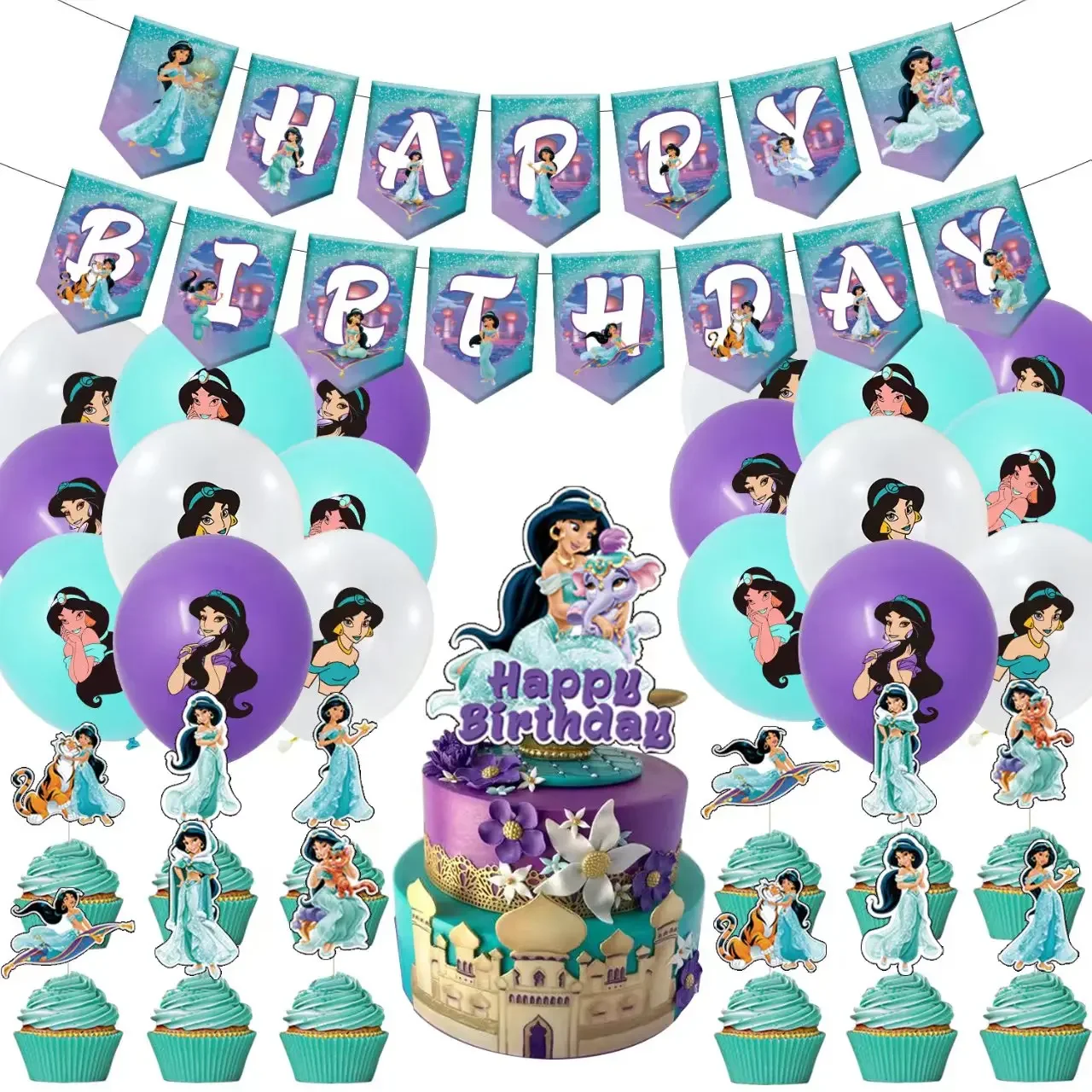 Princess Jasmine Birthday Party Decor Disposable Tableware Cup Plate Tablecloth Balloon Banner Set Baby Shower Supplies