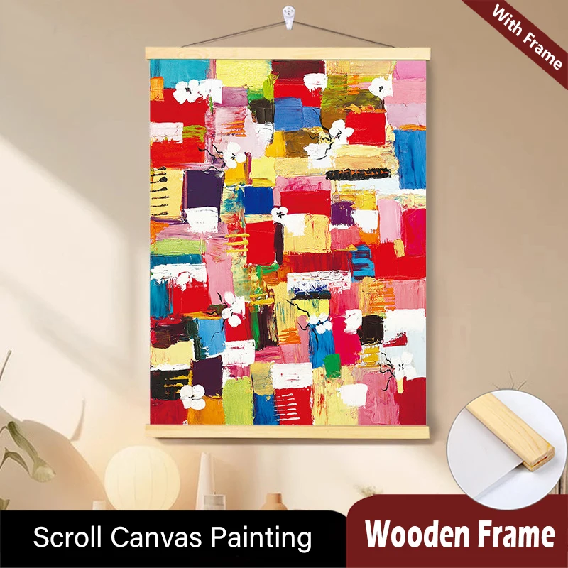 

Modern Minimalist Abstract Color Block Wood Hanging Scroll Painting Posters Wall Art for Living Room Bedroom Home Decor