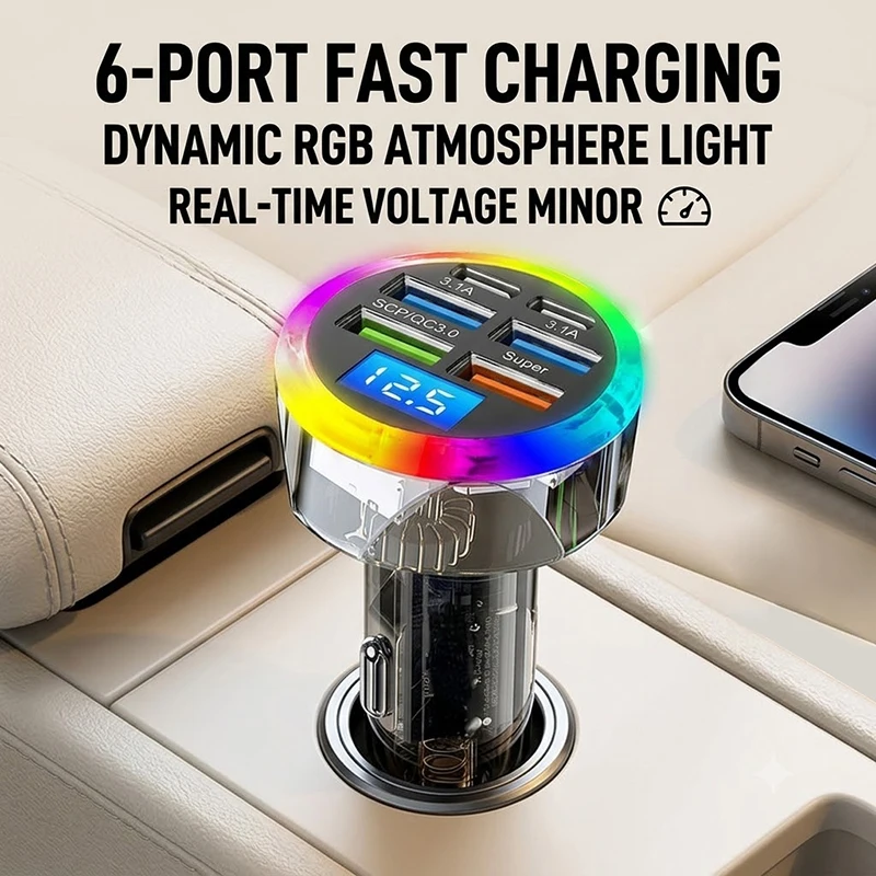6-Port 200W Super Fast Car Charger Adapter Transparent Casing RGB LED Ring Light Digital Voltage Detector For 12V-24V Cars