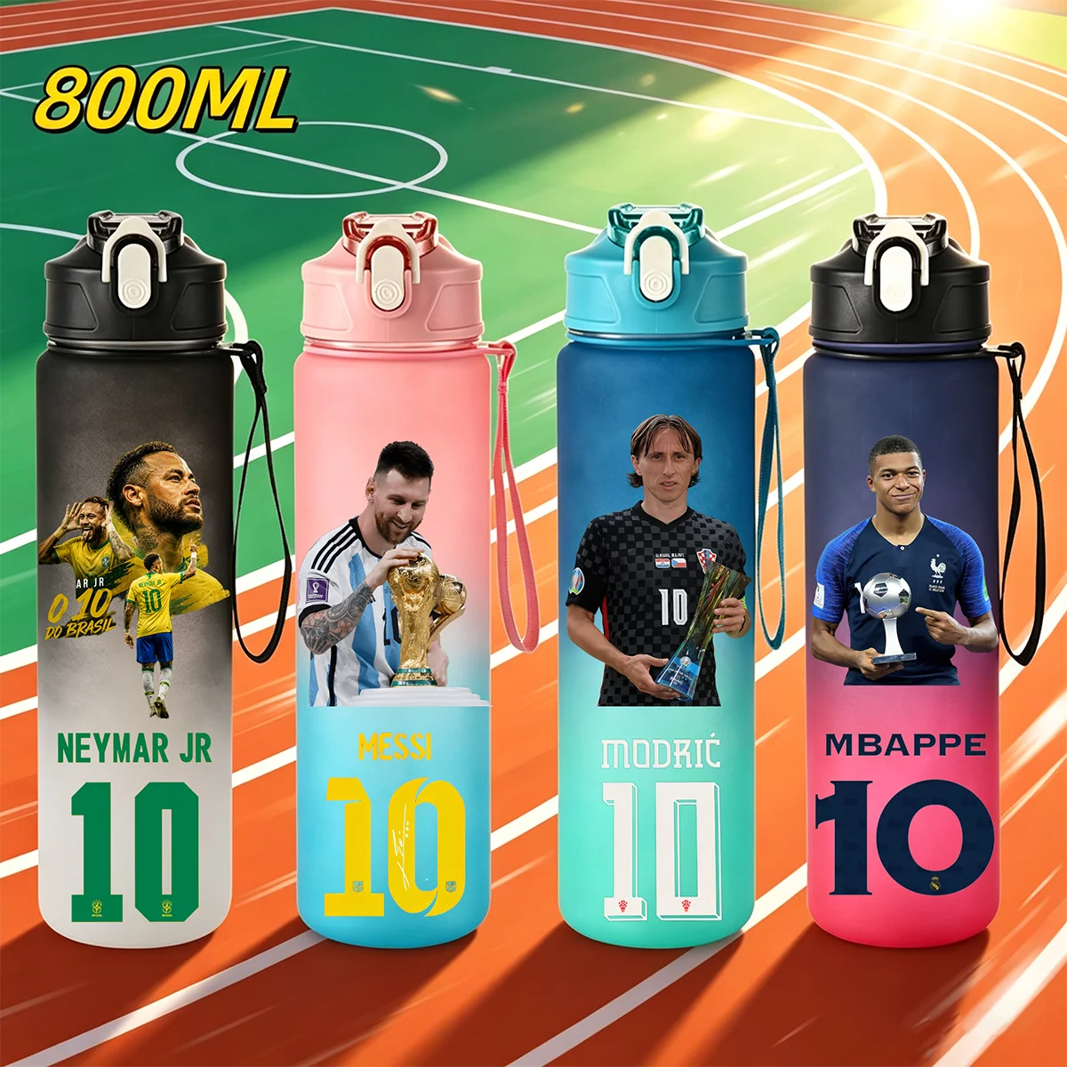 Image of 800ML Ronaldo Messi Mbappé Strohhalm-Wasserflasche Fußballstar Sport-Trinkflasche Tragbare Fitness-Getränkeflasche Reise-Kanne