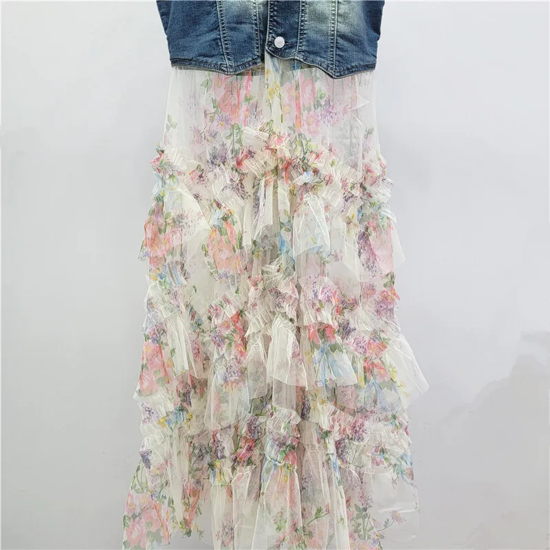 ANJY Herfst Nieuwe Vrouwen Europese Slim Fit Denim Vest Patchwork Gedrukt Mesh Zoete Taart Rok Elegante Bloemen Puffy Ins Jurk A16769