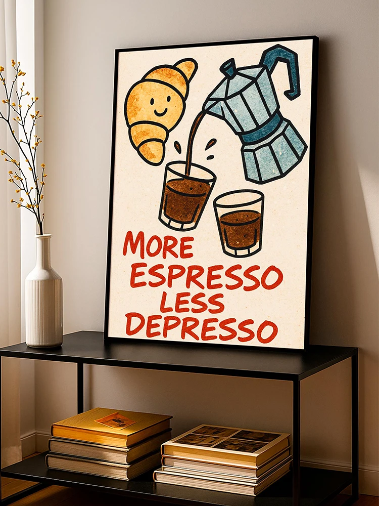 1pc frameless Italian Moka Espresso Retro Print More Espresso Less Depresso Coffee Quote Motivational Canvas Poster Kitchen Wall