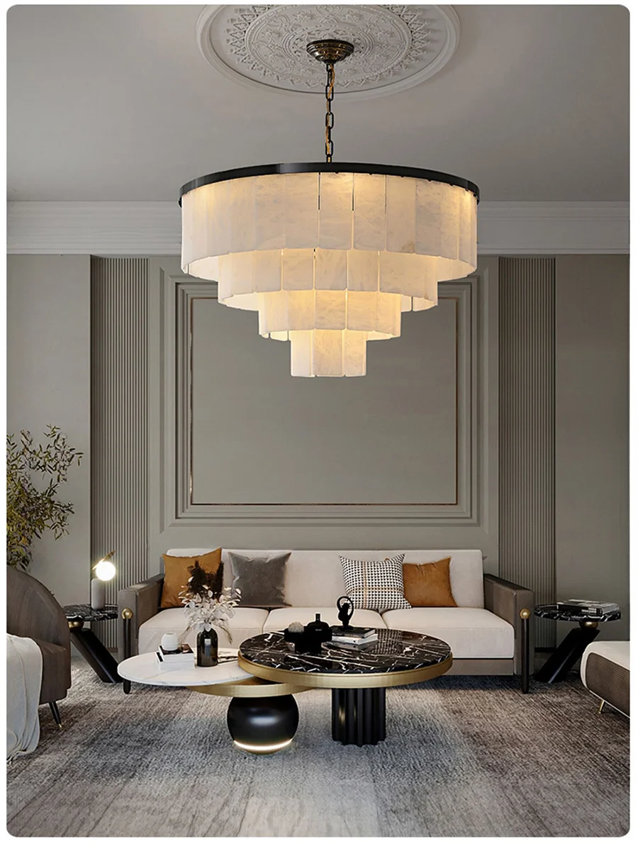 Postmodern Luxury All Copper Brushed Black Natural Marble Ceiling Chandelier 2024 Home Decor Gold Stone Hanging Lamps Lustres