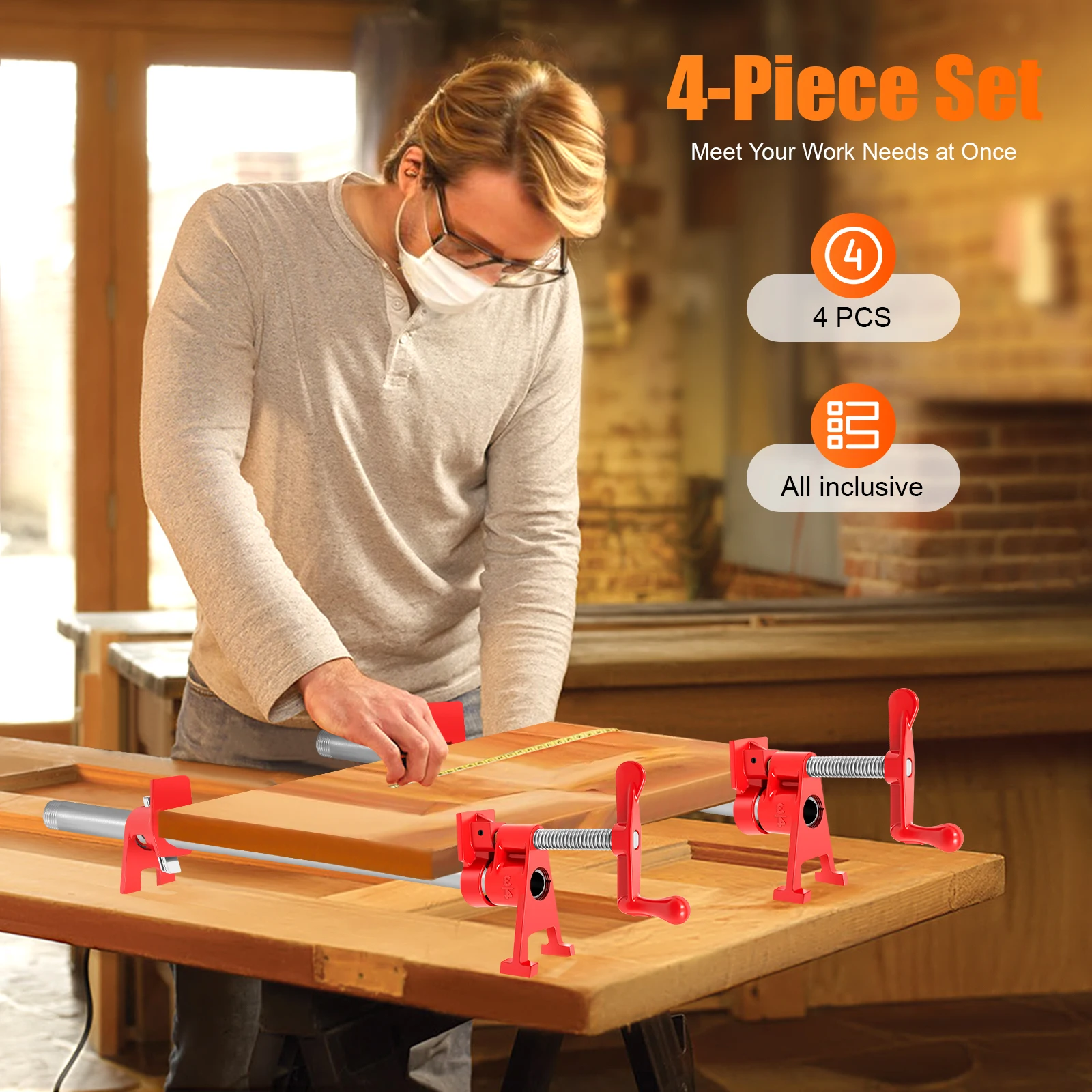 Wood‑Gluing Pipe Clamp, Woodworking Bar Clamp, Furniture Assembly Fixture, Red Cast Iron 4Pcs 3/4