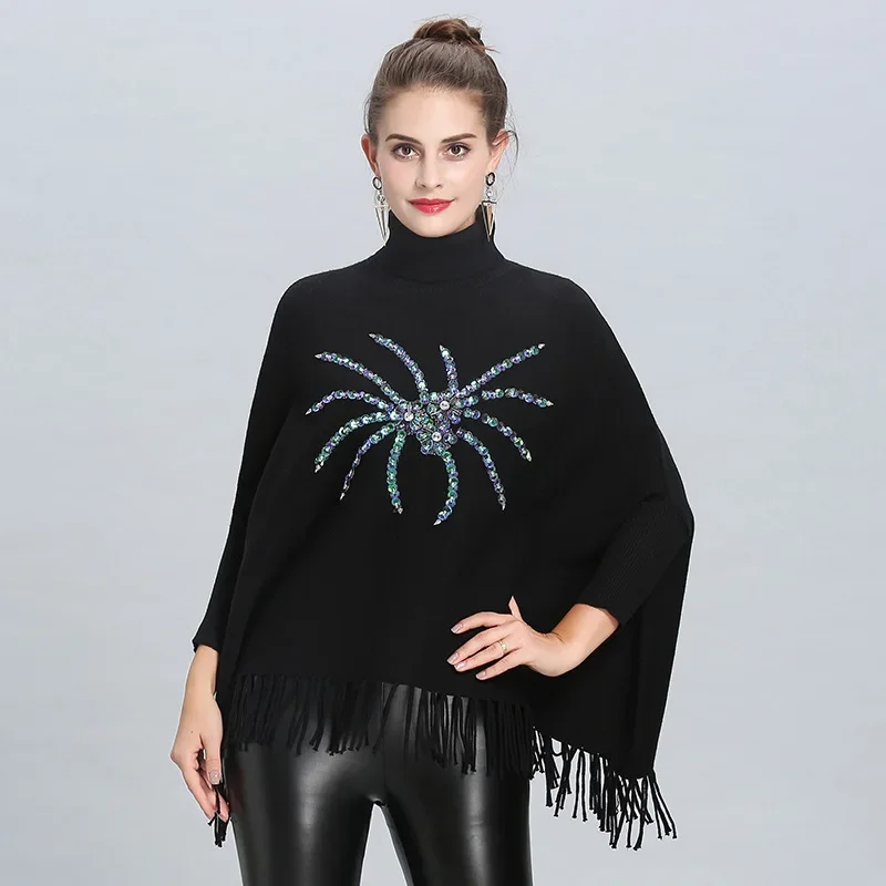 3 Style 4 Colors Winter Warm Knitted High Neck Beading Sequin Sweater Autumn Pullover Fashion Women Loose Tassel Poncho Knitwear