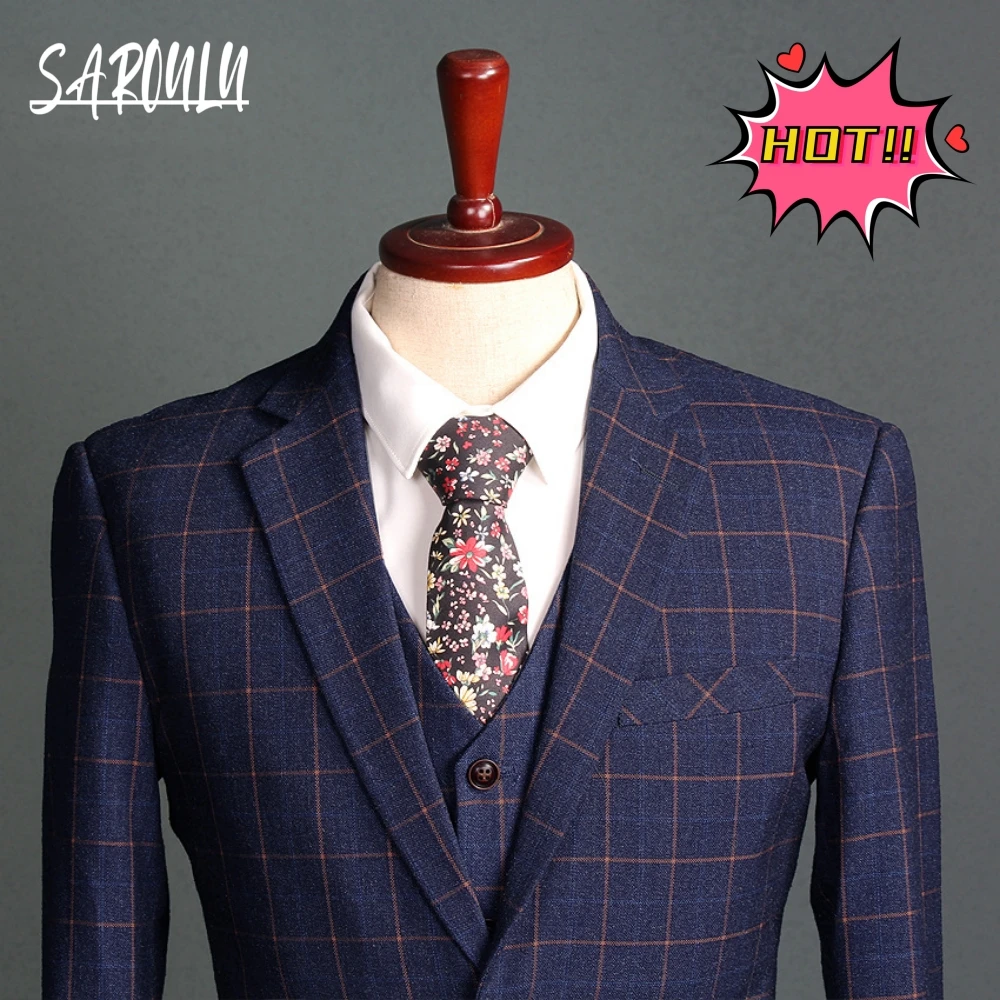 

Blue Patterned Mature Suit Set For Men Two Pieces Glamorous Groom Wear Casual Wedding Party Tuxedo Four Seasons Popular