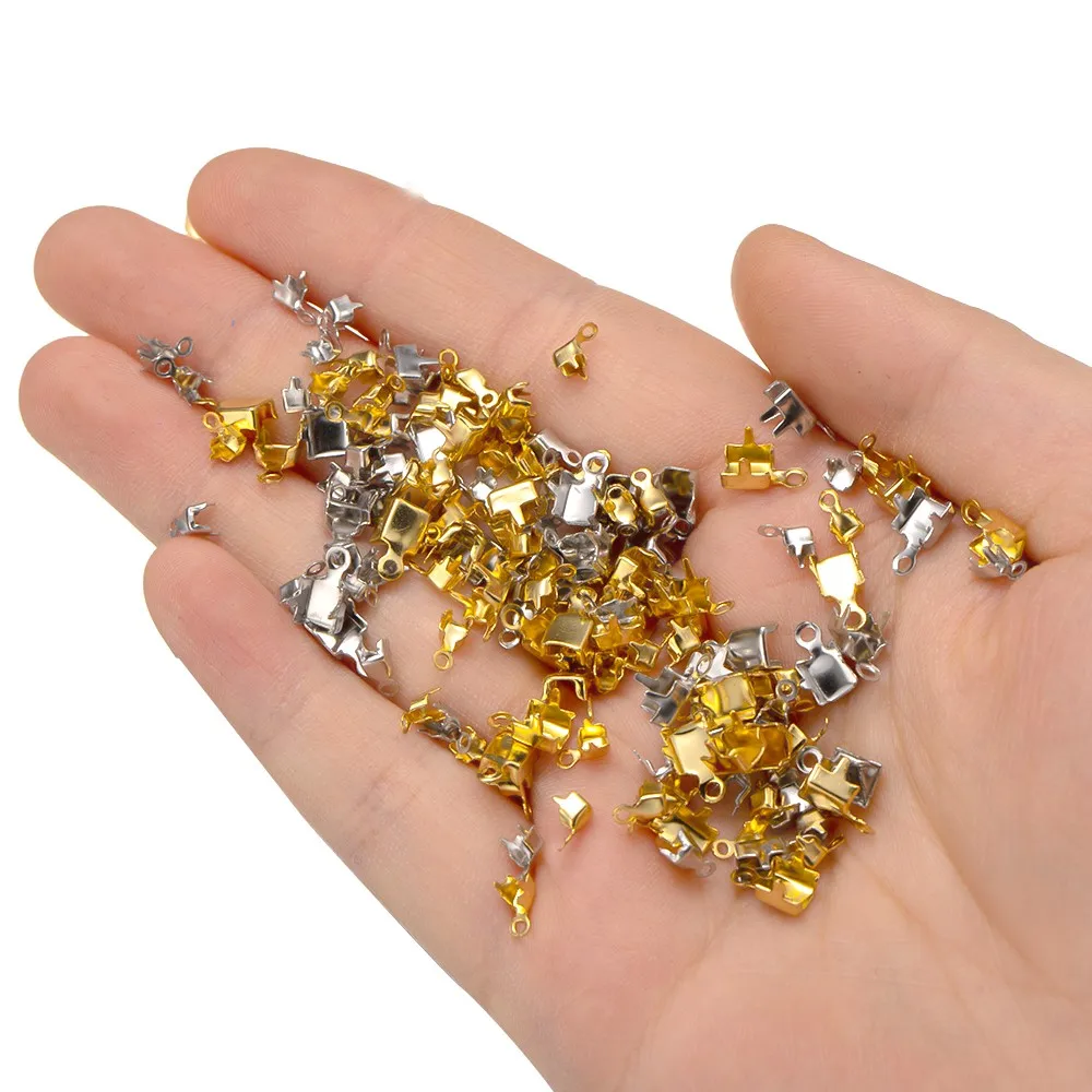 50Pcs Stainless Steel Gold Cup Chain Crimp Connectors End Clasp With Loop DIY Rhinestone Bracelet Necklace Chain Jewelry Making